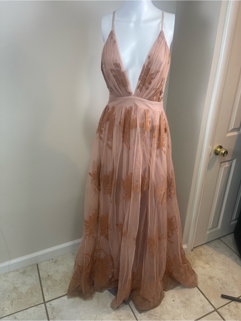 Luxxel Dusty Rose and Tan Floral Tulle Prom Dress